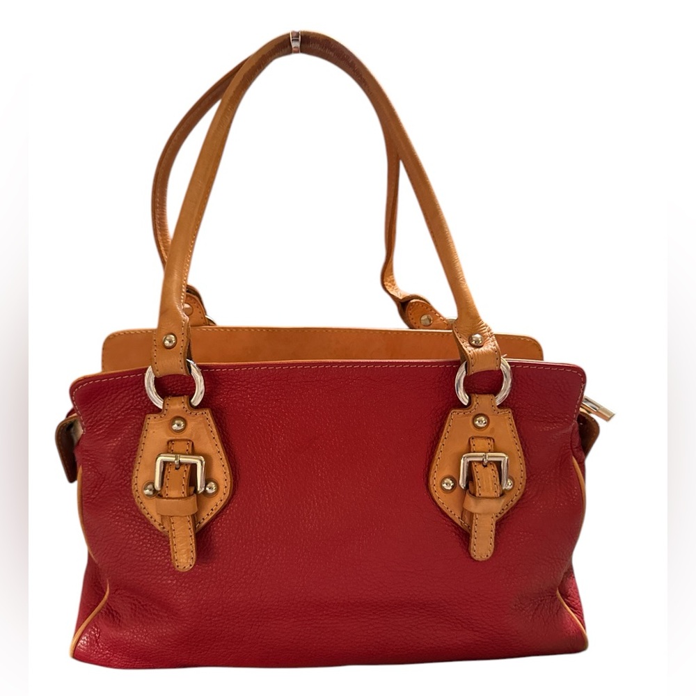 Red and Tan Leather Structured Shoulder Bag with Handles - Picture 4 of 13
